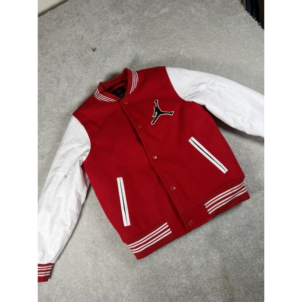 Jordan Boys Red/White Varsity Jacket Size L 12-13yrs Snap Jumpman Flight Pockets